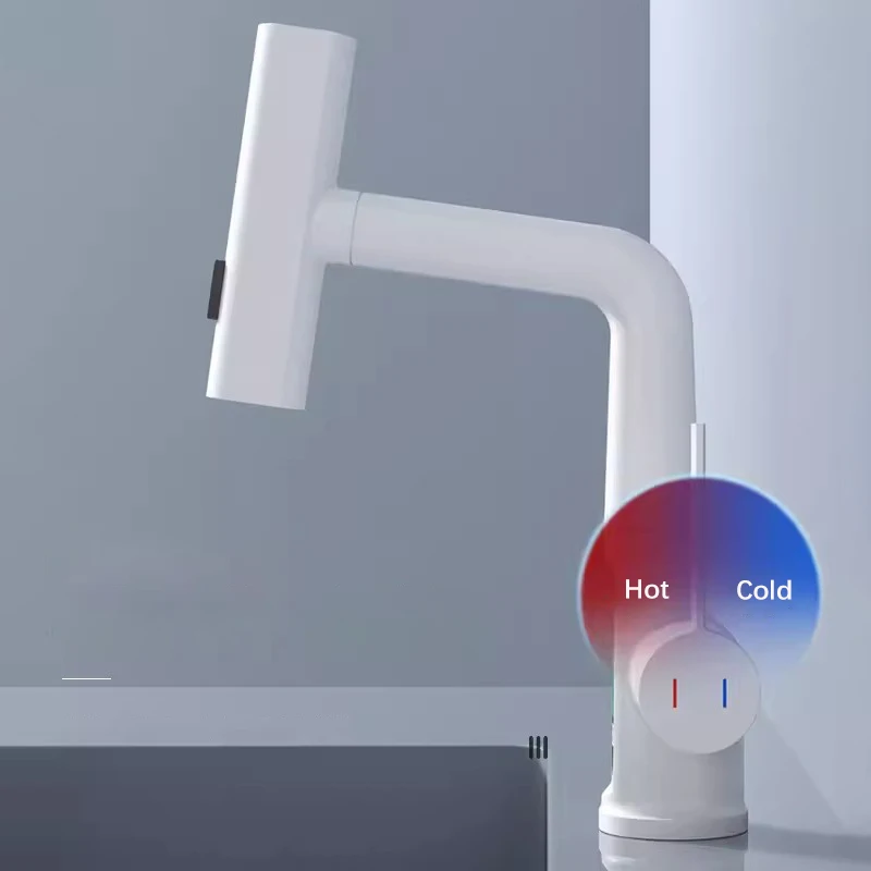 Grifo de cocina extraíble en cascada, grifos mezcladores de agua fría y caliente con pantalla Digital inteligente blanca, grifo de lavabo de elevación giratorio para fregadero