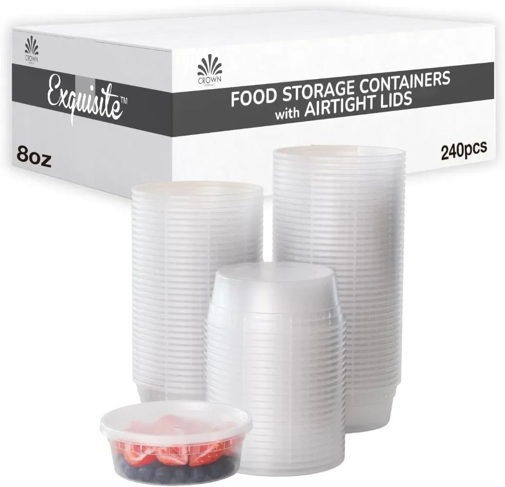 

Disposable 8 oz Plastic Containers With Lids - 240 Of Each Containers And Lids - Leak Resistant Containers For Food