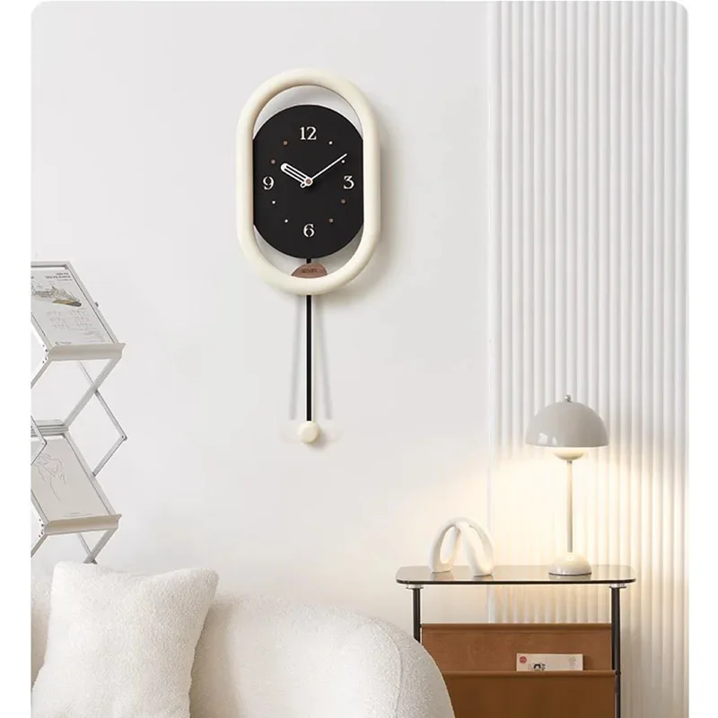 Cream Color Modern Wall Clock with Swinging Pendulum Tool Free Hanging Silent Quartz Decor for Living Room Kitchen
