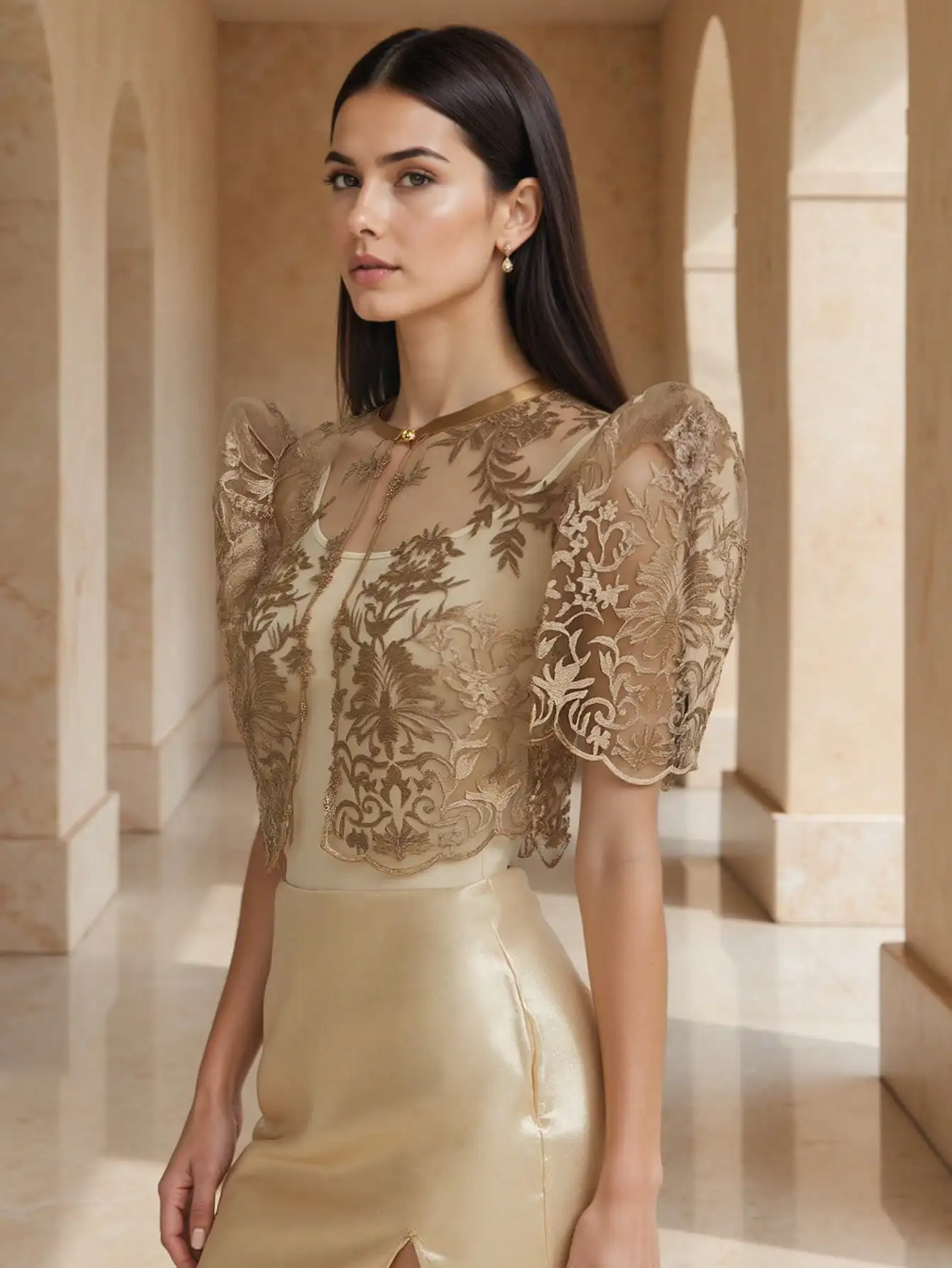 

Champagne Lace Bolero with Puffed Butterfly Sleeves for Women, Elegant Filipiniana Top for Spring Summer Events