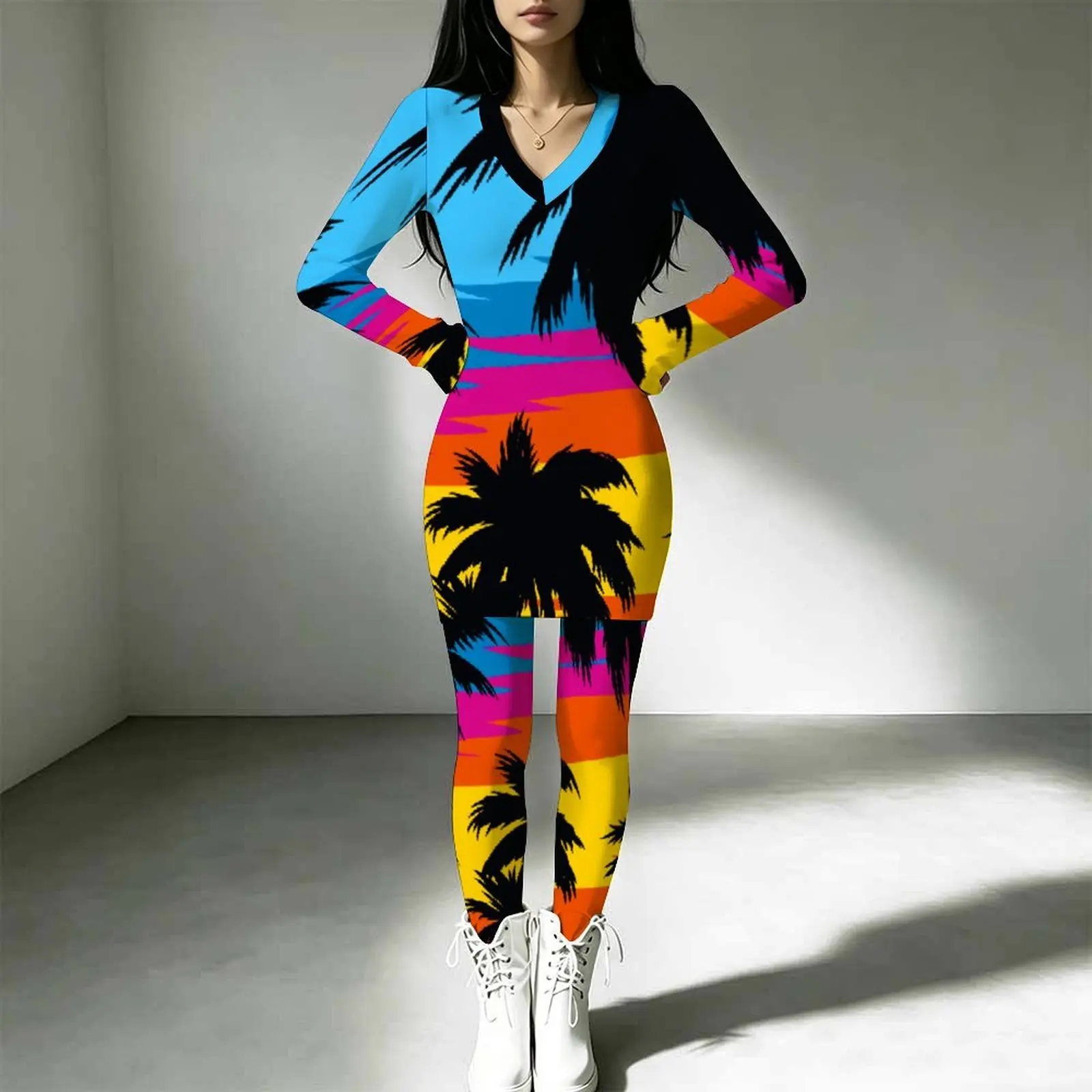 2pcs Winter Slim Long Sleeve Women's V-neck Top Fashion Tight Pants Autumn Daily Outfit Two-Piece Set Trendy Jogging Pants