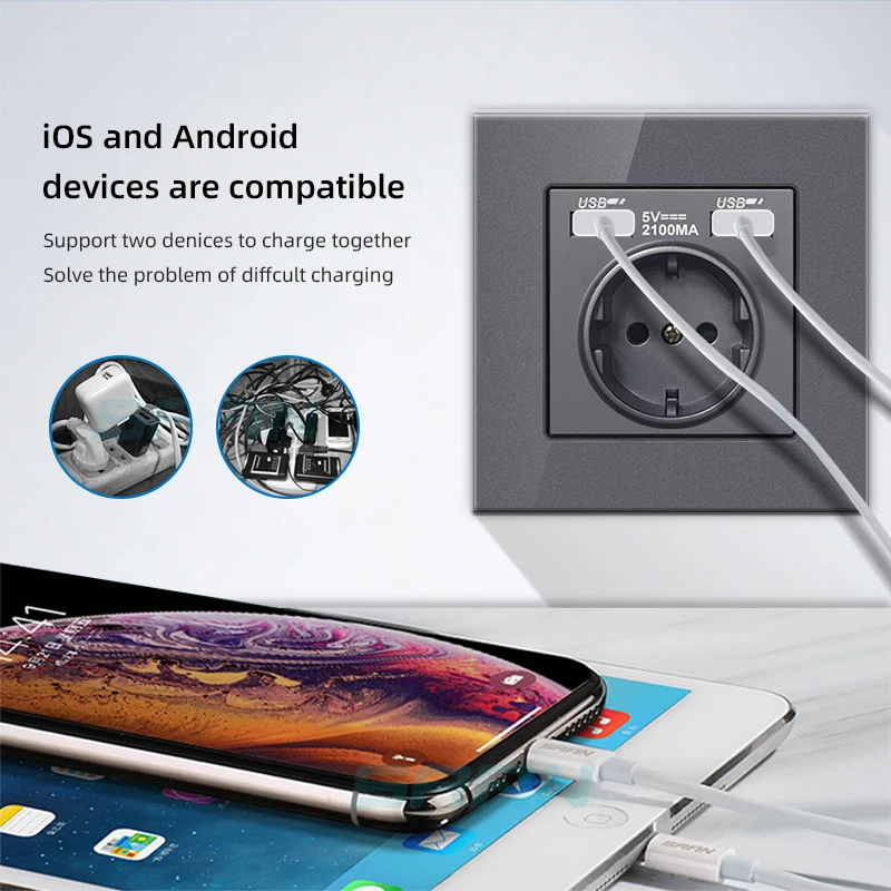 PSSRISE 86 French EU RU UK Wall Switch Socket with DC 5V 2.1A USB Type-c Charger Tempered Glass Panel Light Switch Power Outlet