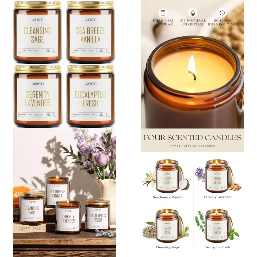 

Ароматические свечи - Набор из 4 свечей по 36 унций, соевые свечи для дома с ароматами лаванды/ванили/эвкалипта/шалфея