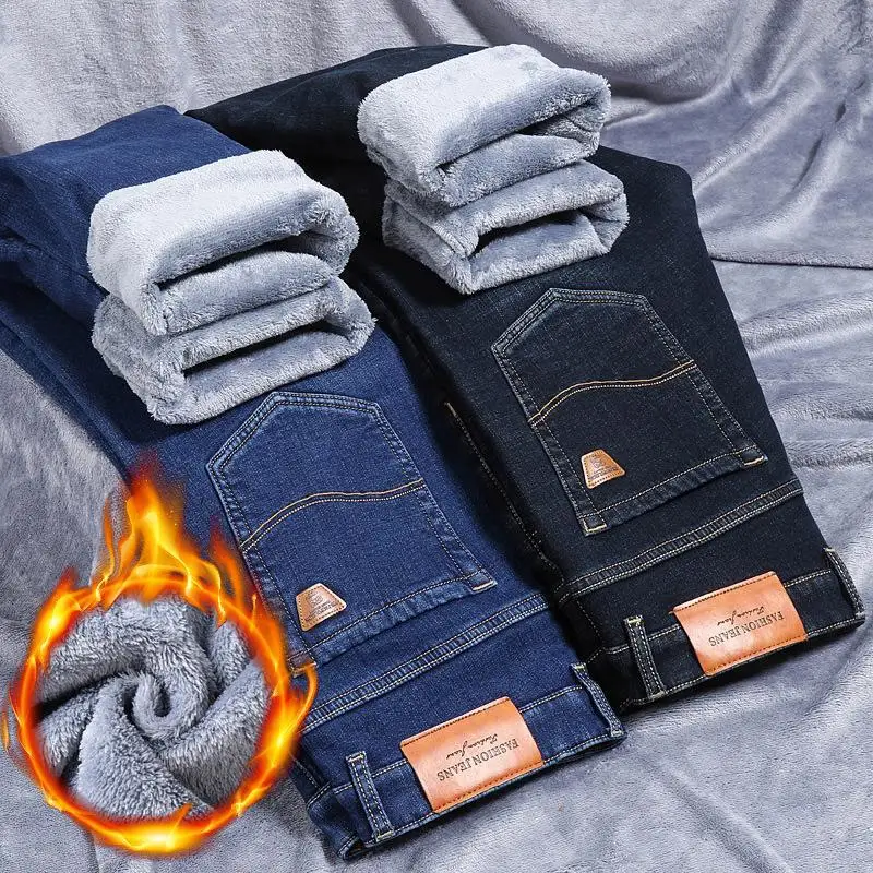 

Men's Winter Thiened Fce Lined Casual Loose Fit Straight Leg Jeans Warm Elastic Busin Casual Long Pants