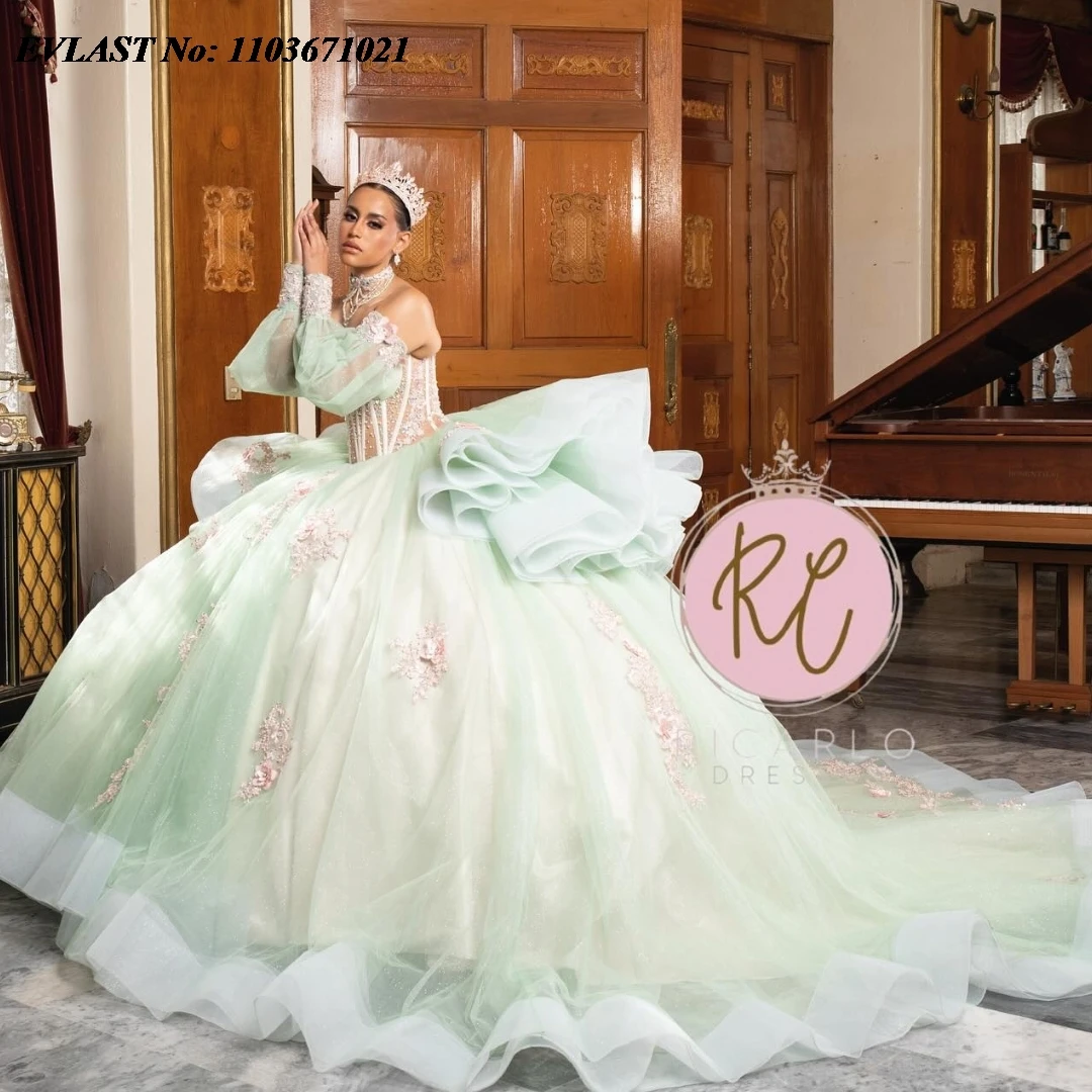 EVLAST-vestido De quinceañera De menta personalizado, vestido De baile De manga larga con apliques De cuentas, corsé escalonado, dulce 16 Vestidos De Anos SQ352