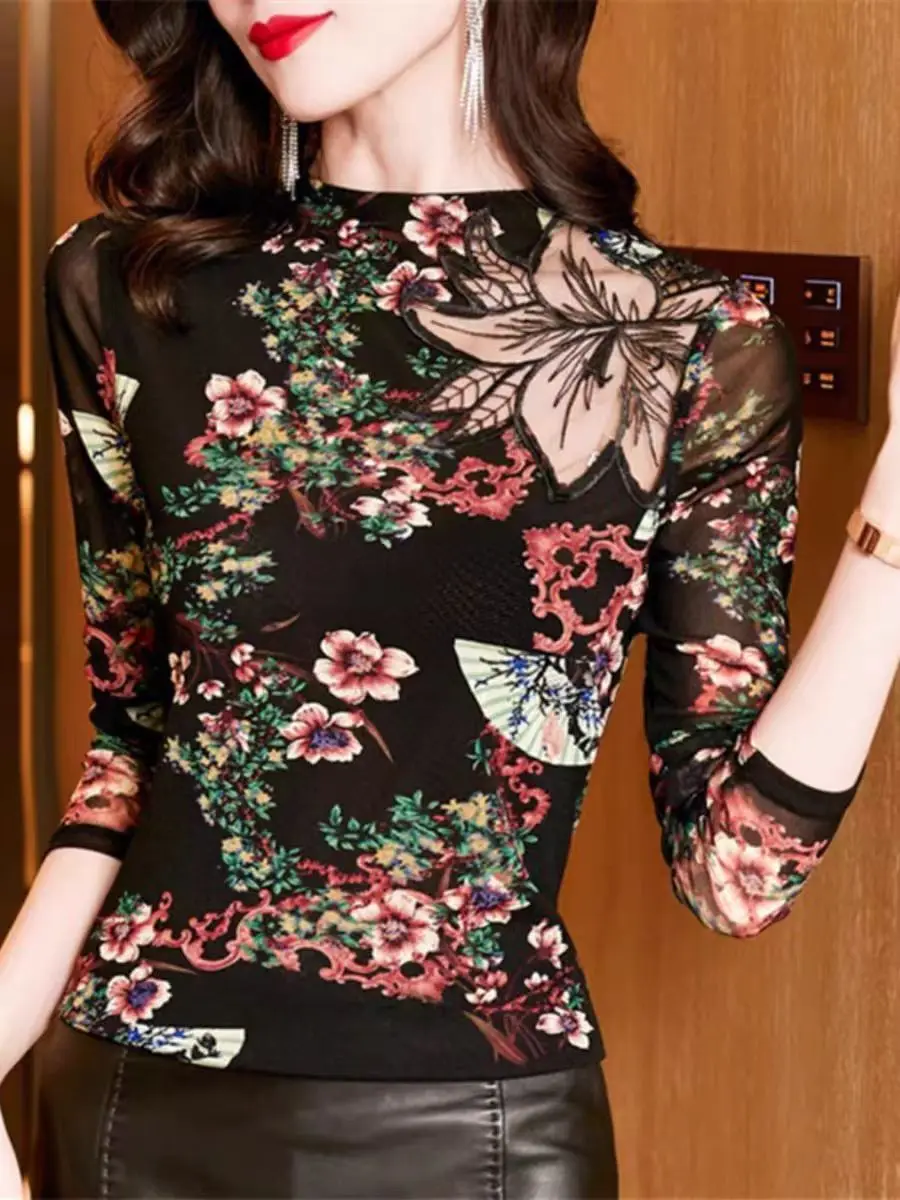 Spring Tshirts For Women Patchwork Embroidery Pullovers Long Sleeve T-Shirts Female Stretch Printed Floral Mesh Tops