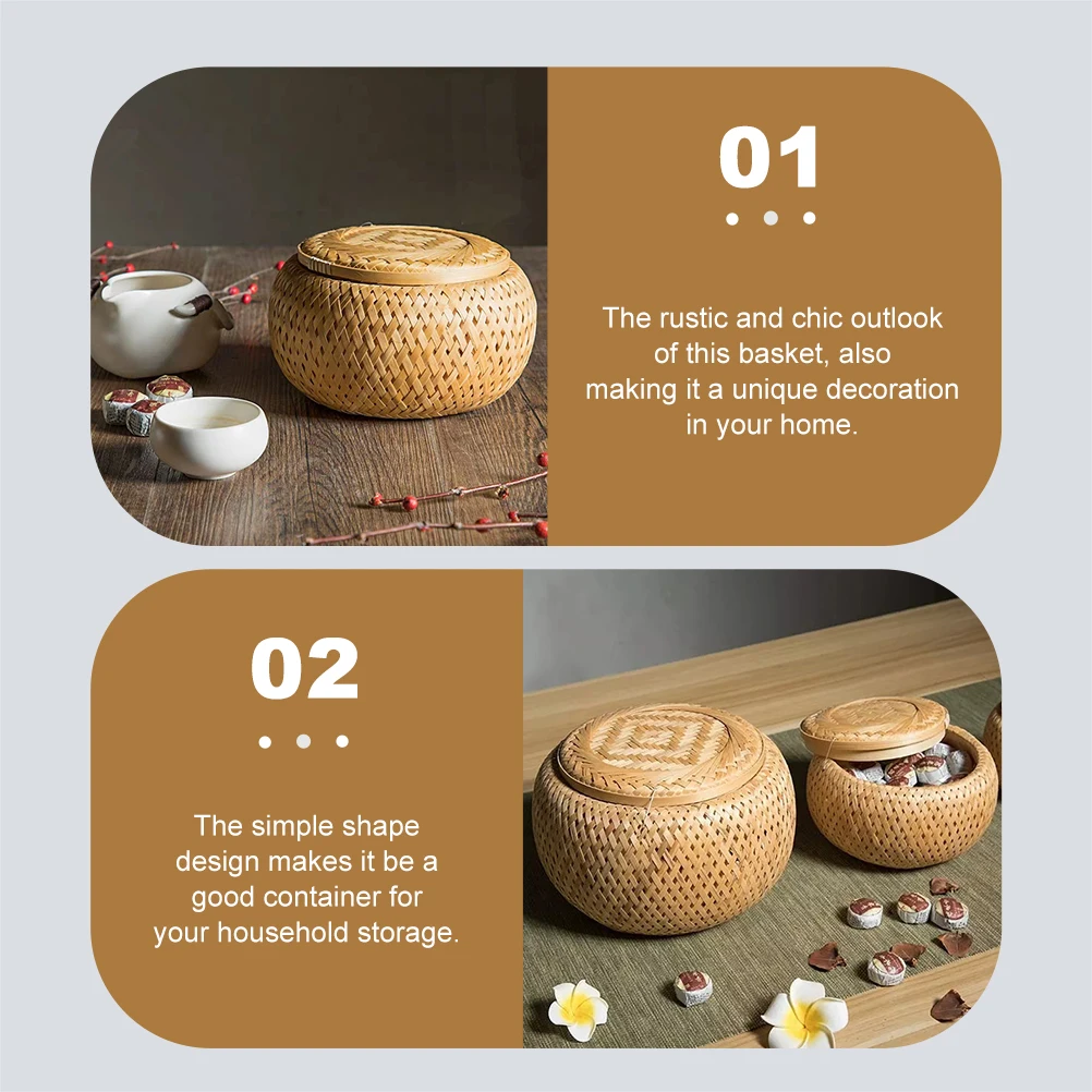 

Sturdy Bamboo Woven Tea Basket Food Storage Container Handmade Organizer Jar for Tea Leaves Candy Decoration Kitchen