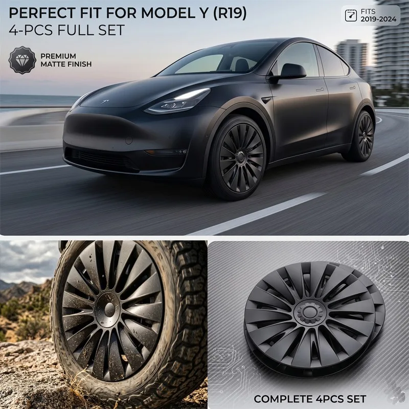 

4PCS 19 Inch Hubcaps for Model Y 2019-2024 Induction Style Wheel Cover Matte Black Hub Cap Rim Protector Anti-Scratch Skin