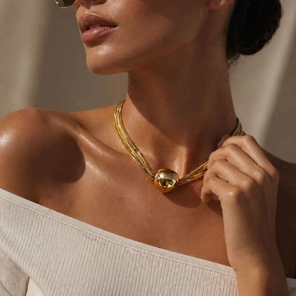 Luxury Stainless Steel 18K Gold Plated Chokers Necklace for Women Retro Multi-layer Round Ball Pendant Clavicle Chain Gift