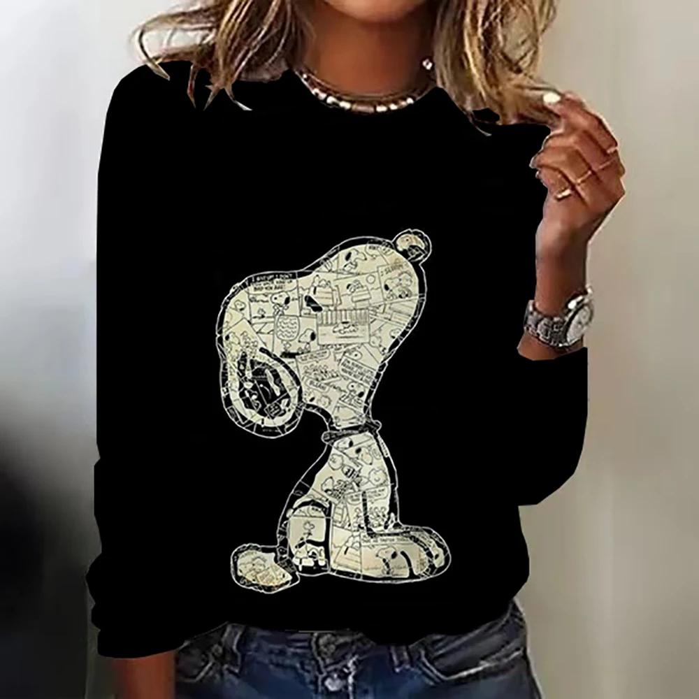 Snoopy Anime Co branded Long sleeved T-shirt for Women\'s 2023 Autumn New Loose Round Neck Top Children\'s Cartoon Clothes