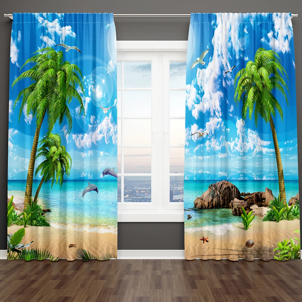 

3D Print Modern Natural Scenery Sea Landscape Forest Sunset 2 Pieces Thin Shading Curtain Living Room Bedroom Home Decor Hook