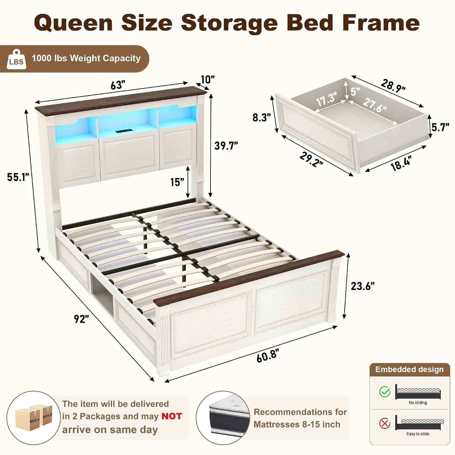 Farmhouse Queen Size Bed Frame with 55
