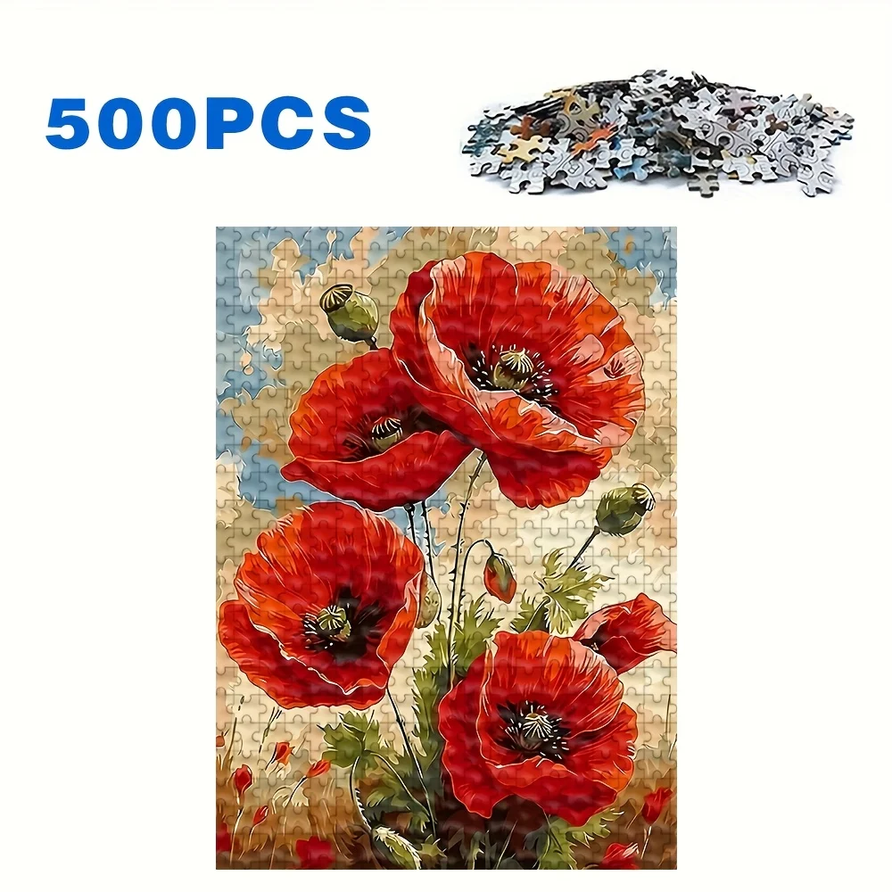 500/1000 قطعة لغز كبير للبالغين - حقل زهرة الخشخاش الأحمر والخشخاش الأبيض مع النحل، قطع تشيعة المكعب 5D/6D، #4