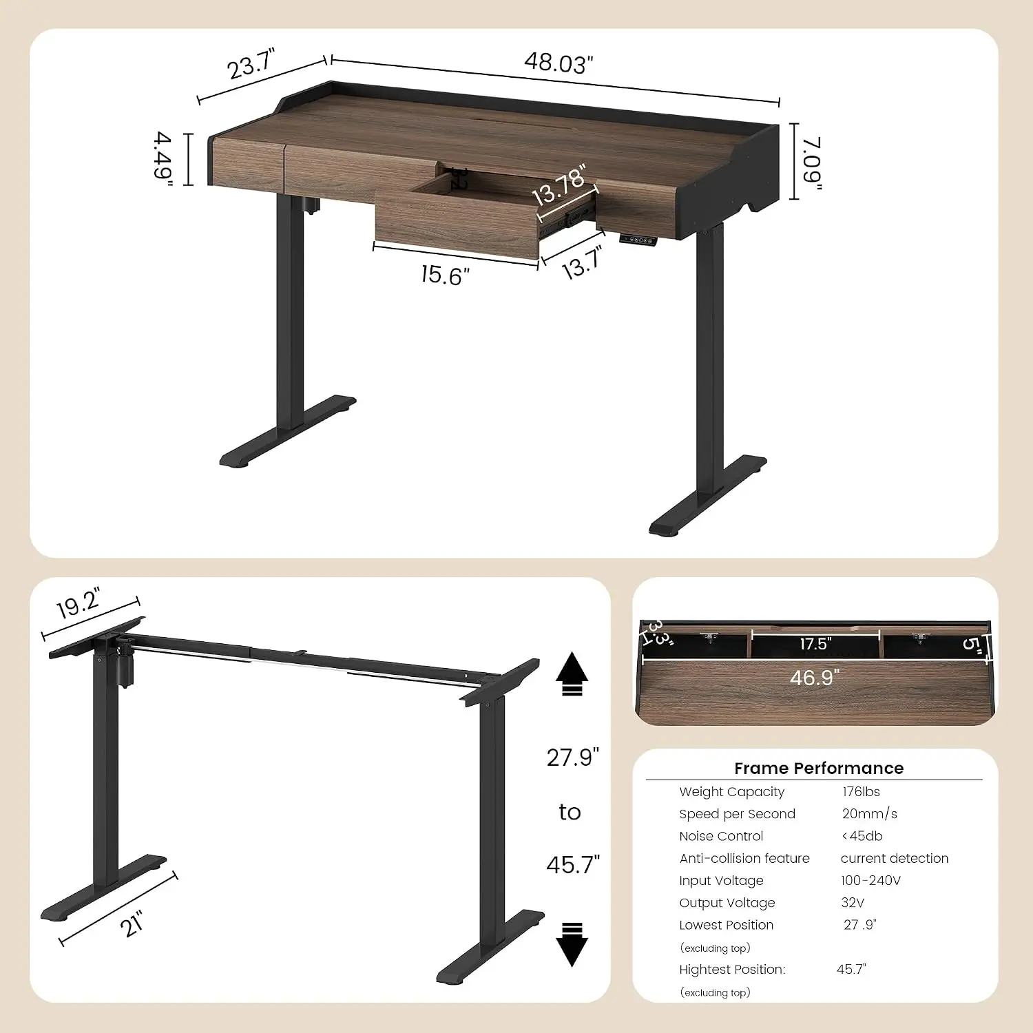 Electric Standing Desk with Drawers & Hidden Cable Management for Home Office, Customized