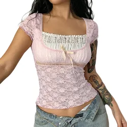 WPNAKS Women Lace T-Shirt Crop Tops Summer Clothes Lace Splicing Square-Neck Short Sleeve Tops Camisole Sexy Club Streetwear