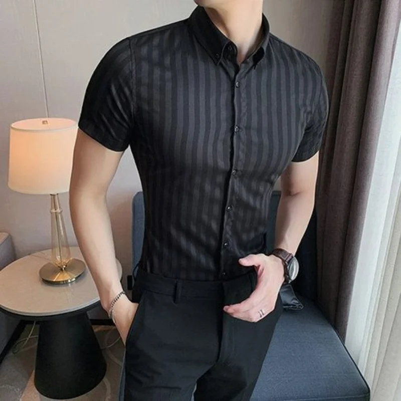 Summer New Short Sleeved Slim Fashion Brand England Style Print Striped Shirt Men's Neck Button Patchwork Versatile Casual Top