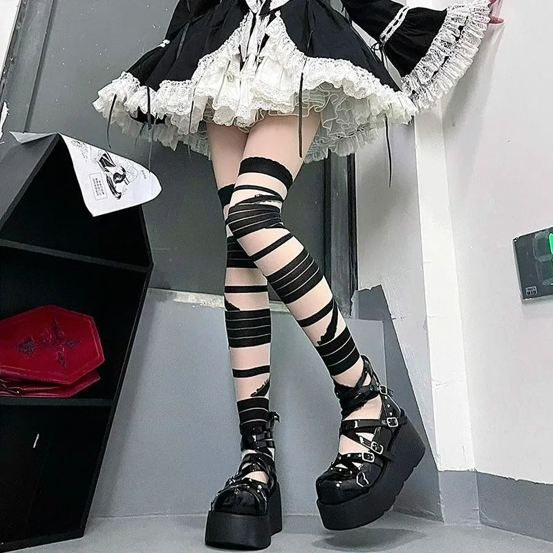 Japanese Style JK Lolita Girl Thigh High Socks Lace Bandage Over Knee Fishnet Stockings Women Gothic Punk Black White Long Socks