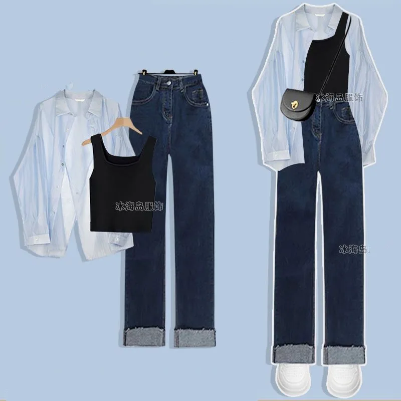 2024 Summer New Korean Elegant Jeans Matching Set Women\'s Fashion Sunscreen Shirt+Strap+Denim Pants Three Piece Female Suit