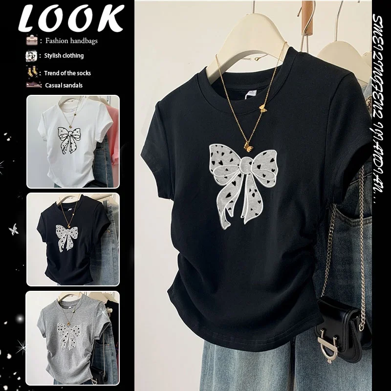 アメリカンスタイル半袖 Tシャツ女性のスリムフィットショルダーデザイン夏の新ファッショントップバタフライノットカジュアルウェア