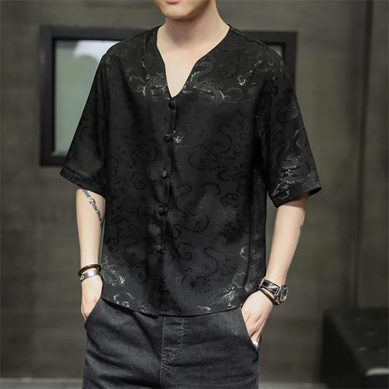 Y2K Summer Shirt Man 2024 New Chinoiserie Printing Half Sleeves Men's Clothing Top Fashion Single-Breasted V-Neck Blouse Hombre