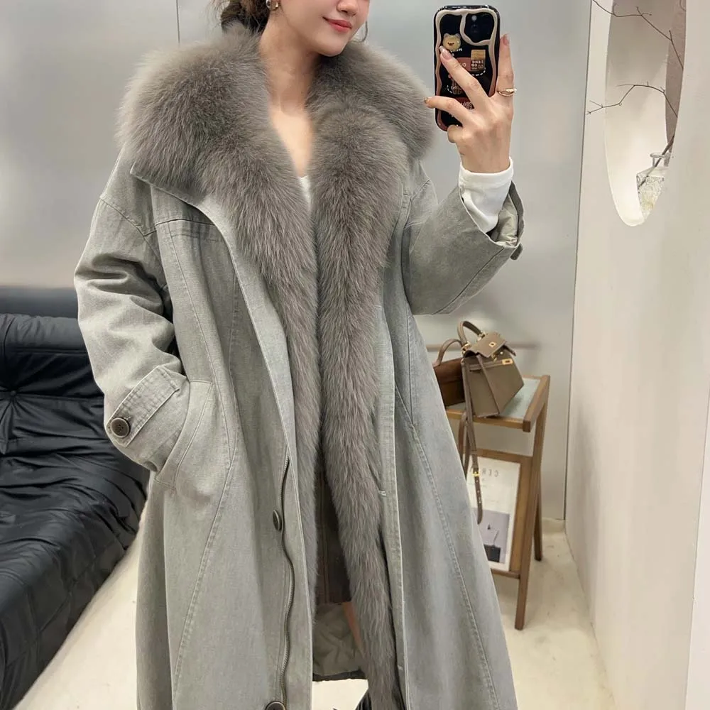 2025년 신상 가을 겨울 여성용 리얼 폭스 퍼 칼라 특별 구스다운 재킷 여성 럭셔리 코트 긴 소매 파카 재킷