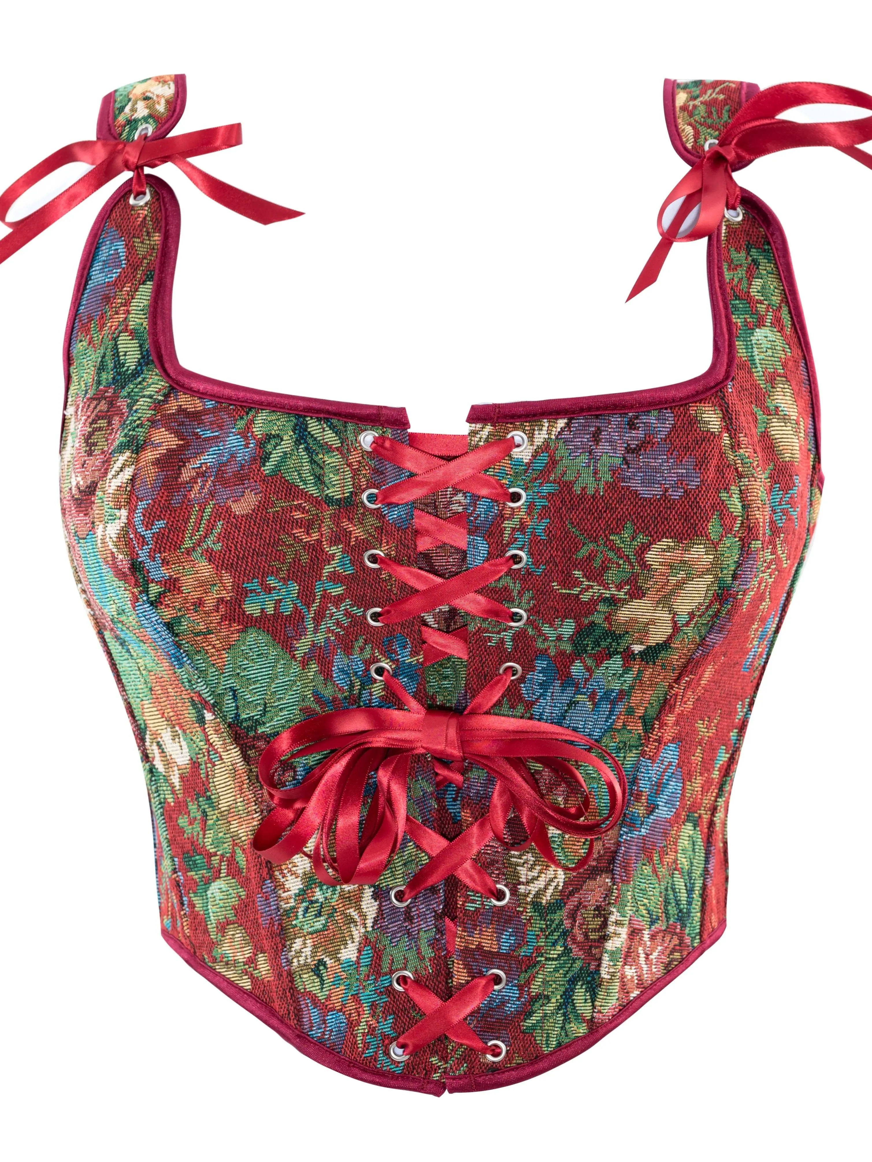 Korset berlapis merah peony dengan rompi yang diikat dan tali untuk korset pengadilan