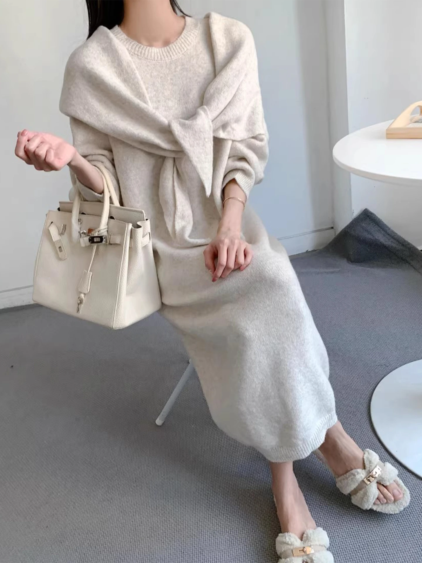 Faionable Thiened Knitted Dr Set para mujer Invierno 2025 Color puro Cintura alta Chic Largo Sve redondo Ne Loose Fit Two...