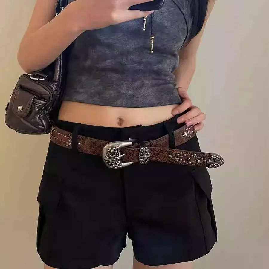 Retro Carved Brown Rivet Belt Women's Korean Version New Jeans Accessories Personalized High-end Slimming Belt Trend