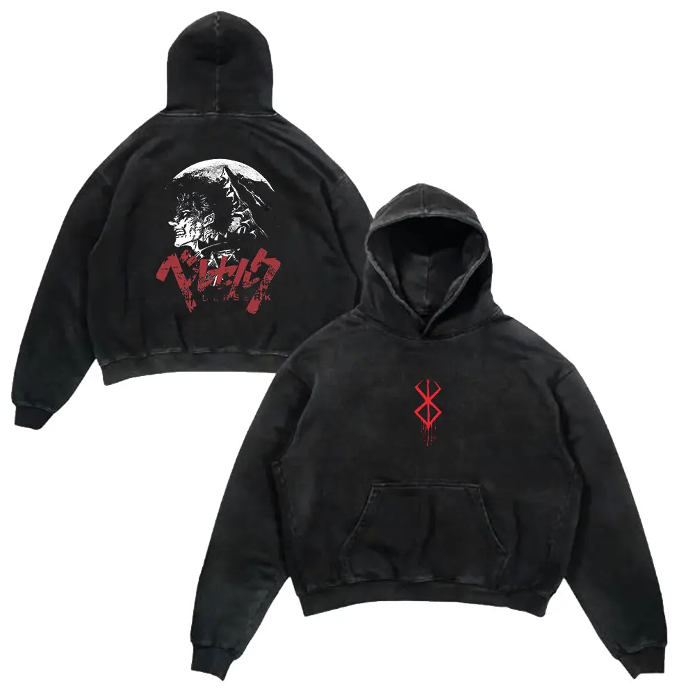 

Anime Berserk Retro Washed Hoodies Black Guts Print Vintage 100% Cotton Hooded Sweatshirts Oversize Hip Hop Male Pullover