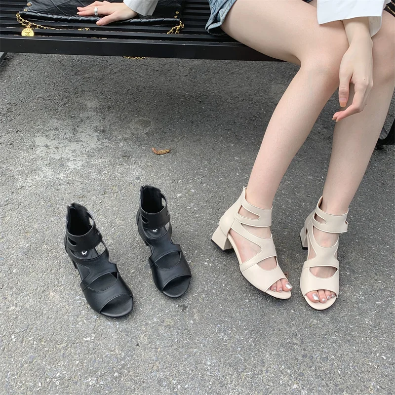 Open Peep Toe Ankle Boots Summer Cut Out Hollow Sandals Chunky Cuban Low Heel Booties Casual Shoes Girl Sandals Apricot Black