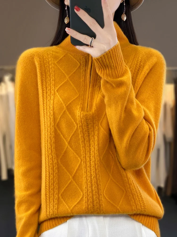 2024 Autumn Winter Women Zipper Pullover Cable Knit Turn Down Collar Cashmere Sweater Casual Style 100% Merino Wool Knitwear