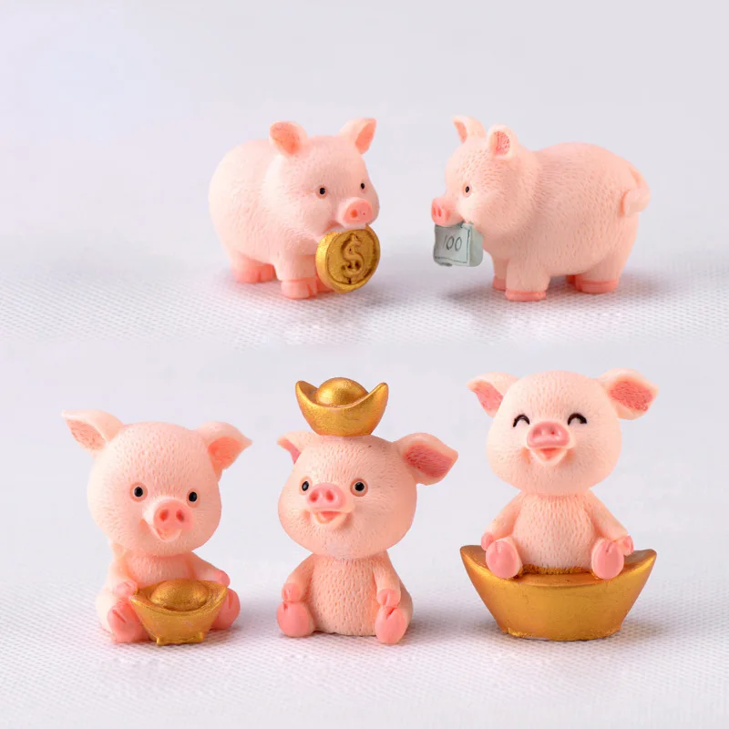 2pcs Gold Piggie Money Pig Miniature Figurine Animal Model Home Car Decor Garden decoration Landscape Accessories Resin Craft