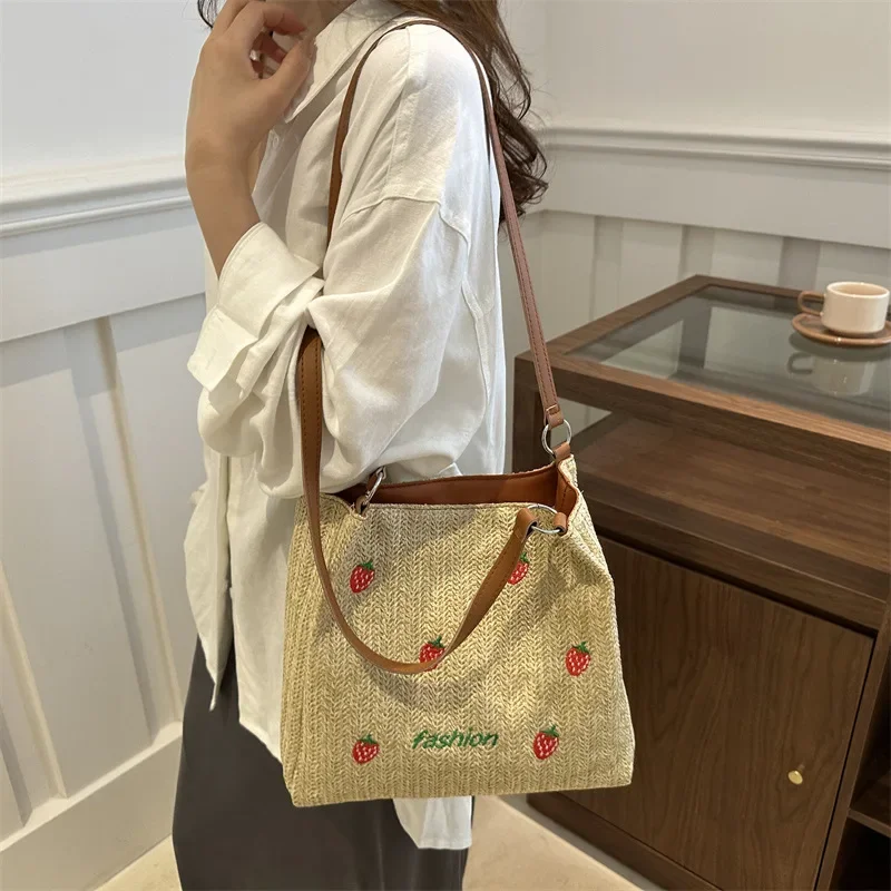 Fashion Cherry Straw Bag for Summer Women's Bag New 2024 beauty Beach Woven Tote Raffia Stylish Chic Shoulder Crossbody Bag