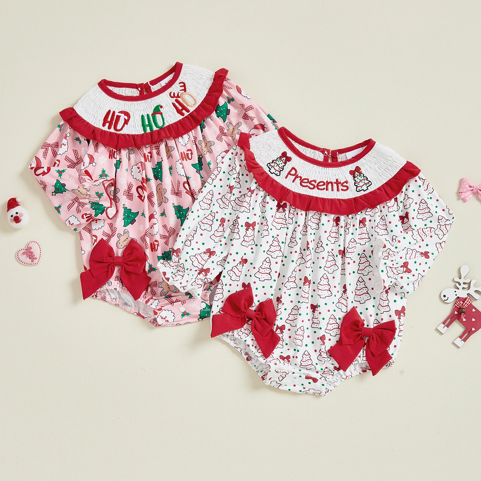 طفلة فقاعة رومبير المألوف شجرة عيد الميلاد التطريز Smocked طويلة الأكمام داخلية بذلة الملابس