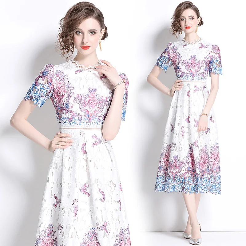 

Summer Light Luxury Fashion Hook Flower HoIIow Print Lace Dresses Women's Stand Neck Temperament Slim Fit Elegant Long Dress