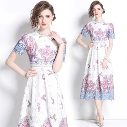Summer Light Luxury Fashion Hook Flower HoIIow Print Lace Dresses Women's Stand Neck Temperament Slim Fit Elegant Long Dress