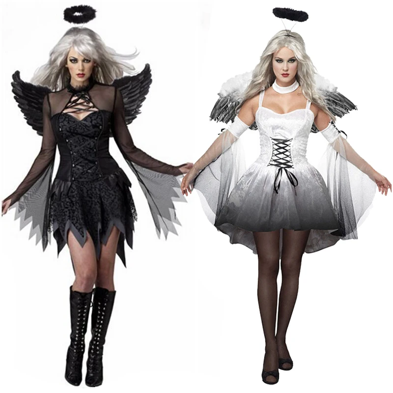 Carnevale Halloween Lady Fallen Angel Costume Dark Vampire Feather Wings Roleplay Cosplay Fancy Party Dress