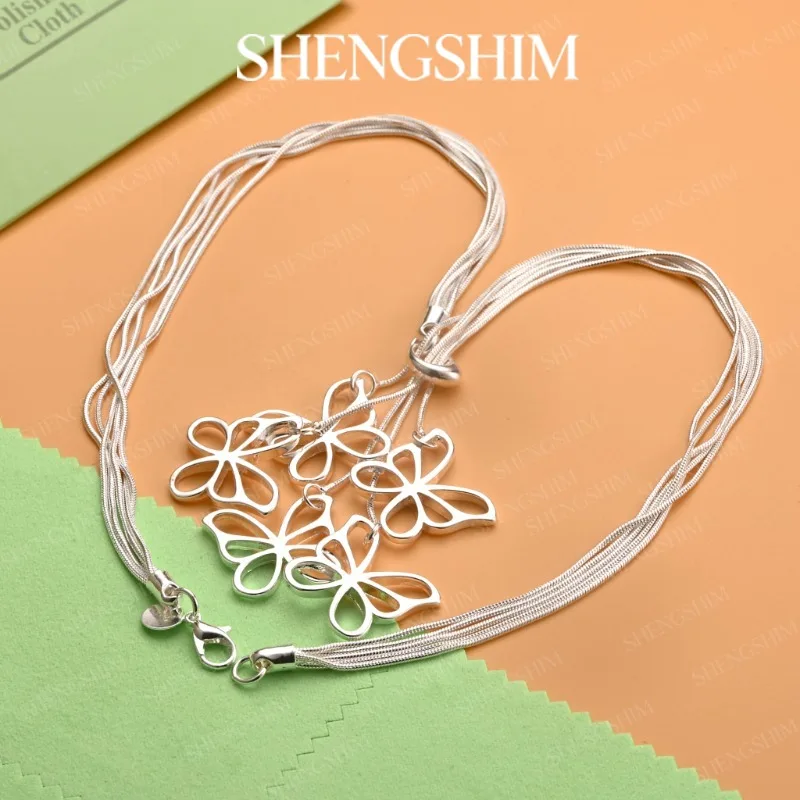 SHENGSHIM 925 Sterling Silver Multi Strand Snake Chain Tassel Butterfly Pendant Necklace For Women Fashion Jewelry Party Gift