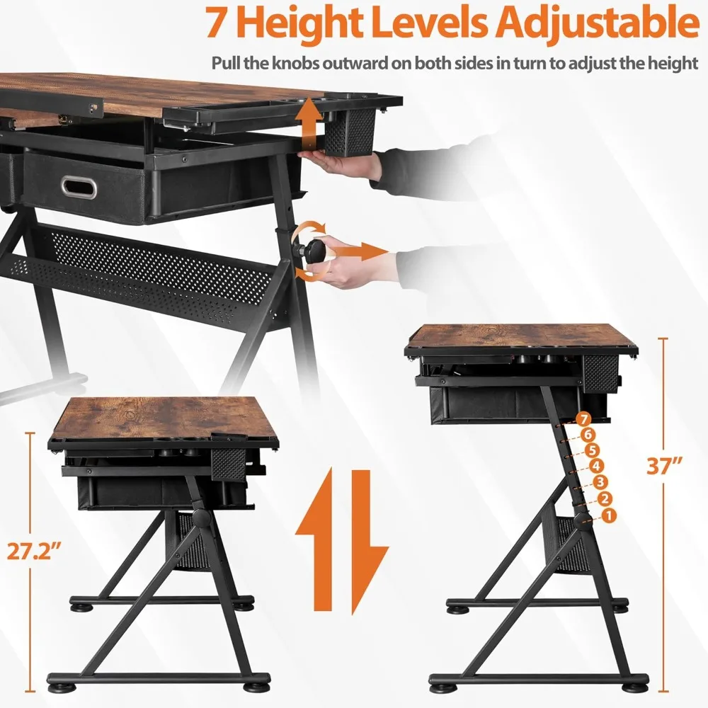 مكتب فنان قابل للتعديل مع مخرج طاقة، وطاولة رسم مائلة، ودرجين تخزين، ومقعد للفن والصياغة