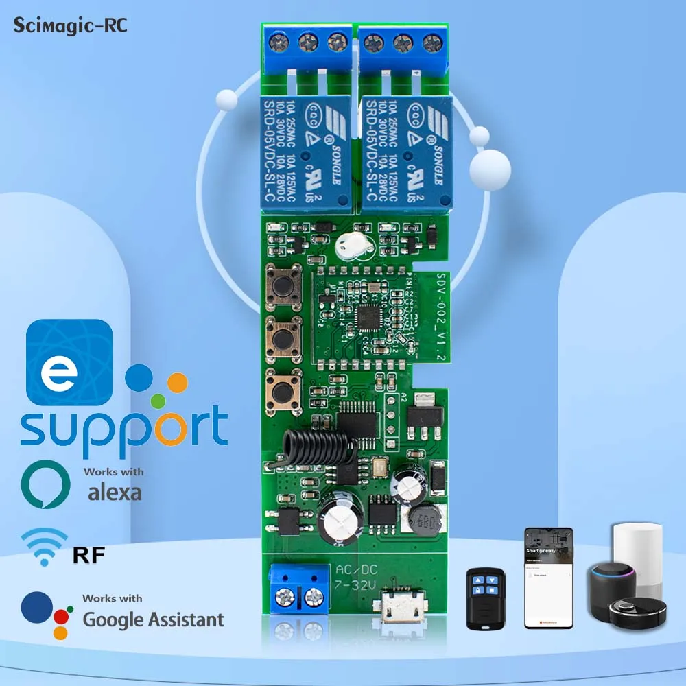 EWELINK 220V 12V 24V Inteligentny przełącznik Wi-Fi z funkcją inching, 2-kanałowy moduł przekaźnikowy, zdalne sterowanie RF 433, kompatybilny z Alexa i Google Home