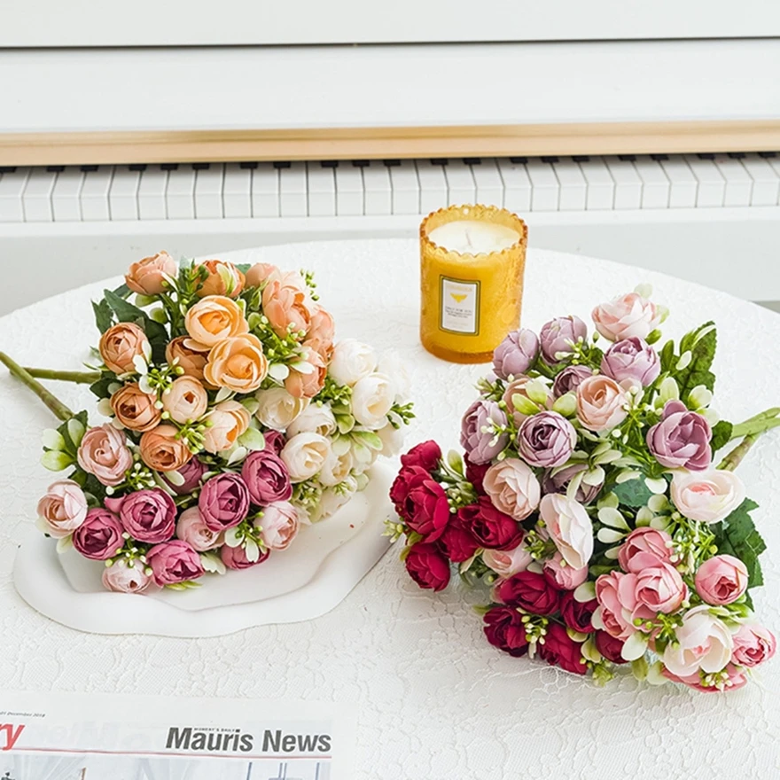 

1PC 15 Heads Silk Roses Courtyard Wedding Outdoor Party Home Floral High Quality Arrangements Christmas Decor Artificial Flowers