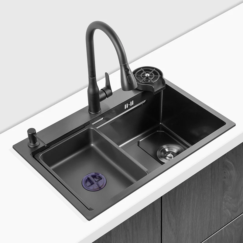 

Black Stainless Steel Kitchen Sink Topmount Double Ledges Workstation Single Bowl Side Drainage With Cutting Board & Basin