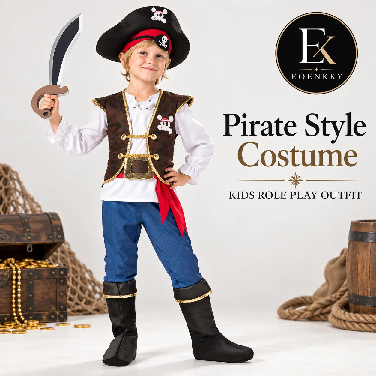 EOENKKY Kids Pirate Style Costume Boys Role Play Outfit Fantasy Dress Up Set Party Stage Performance Clothing