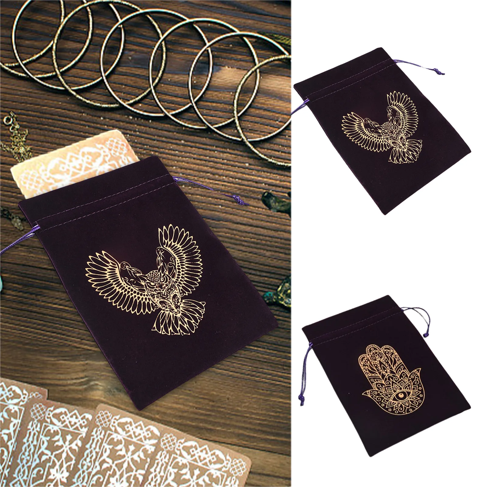 Tarot Cards Fabric Bag Drawstring Tarot Card Holder For Jewelry Dice Cosmetics Mystery Hamsa Hand Owl Pattern Pouch Storage Bags