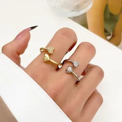 ZAKOL Smooth Double Heart Rings For Women Shiny Zircon Heart Love Ring Adjustable Finger Ring Jewelry Wedding Party Gift