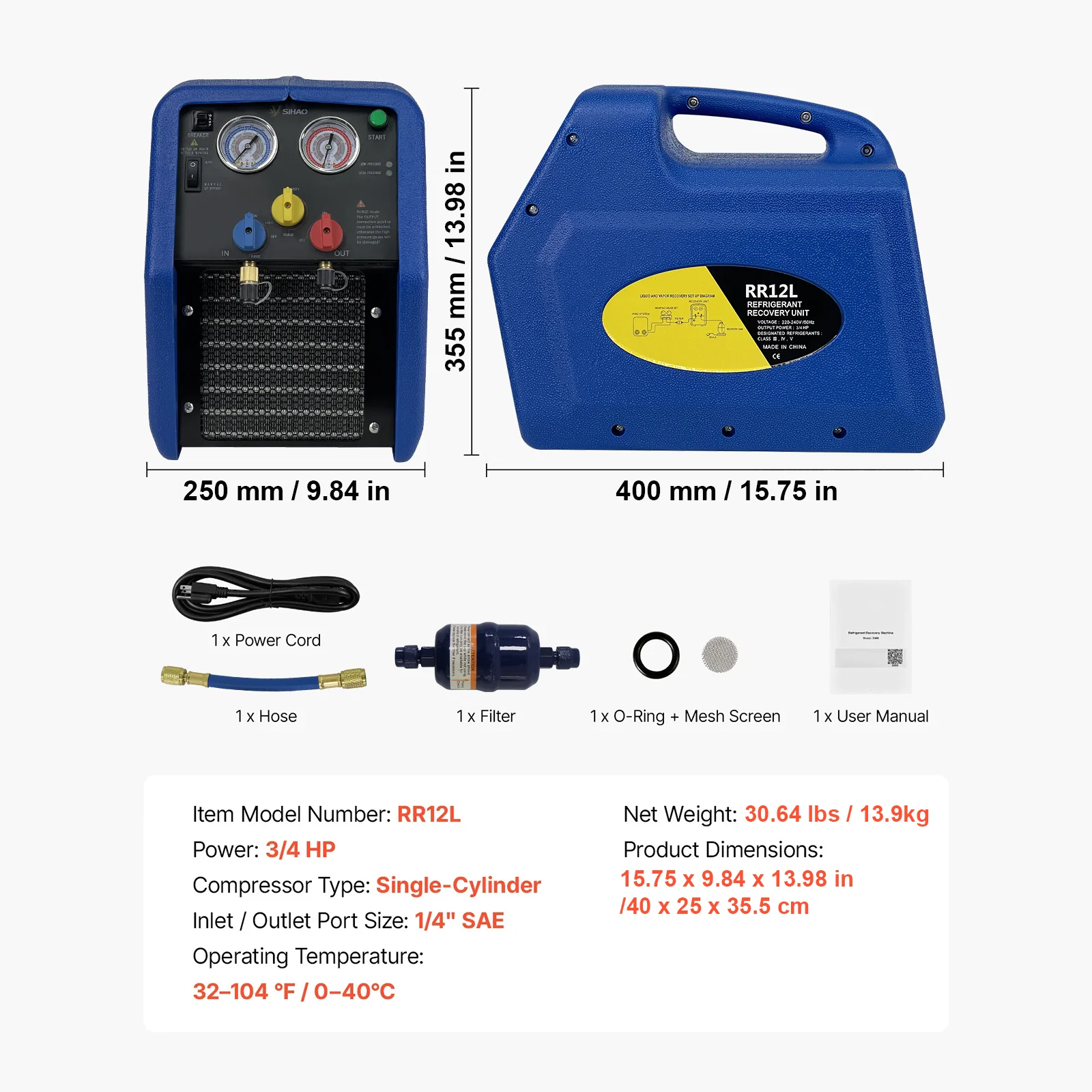 

SIHAO 1HP Portable HVAC Refrigerant Recycling Equipment 60Hz 3/4 Type Air Condition Recovery Unit for Automotive AC Maintenance Work