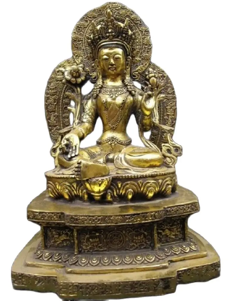 27CM Tibet Buddhist Bronze Copper Gild Green TaRa Guan Yin Kwan-yin Goddess Statue