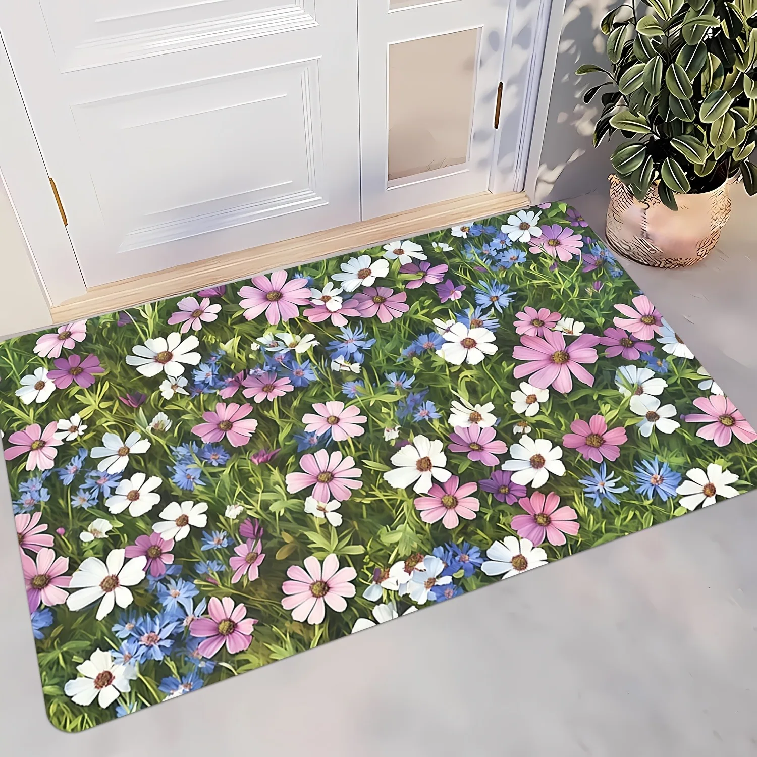 Garden Floral Door Mat Mixed Daisy Cosmos Wild Green Grass Pattern Print Front Door Entryway Hallway Home Decor Floor Carpet
