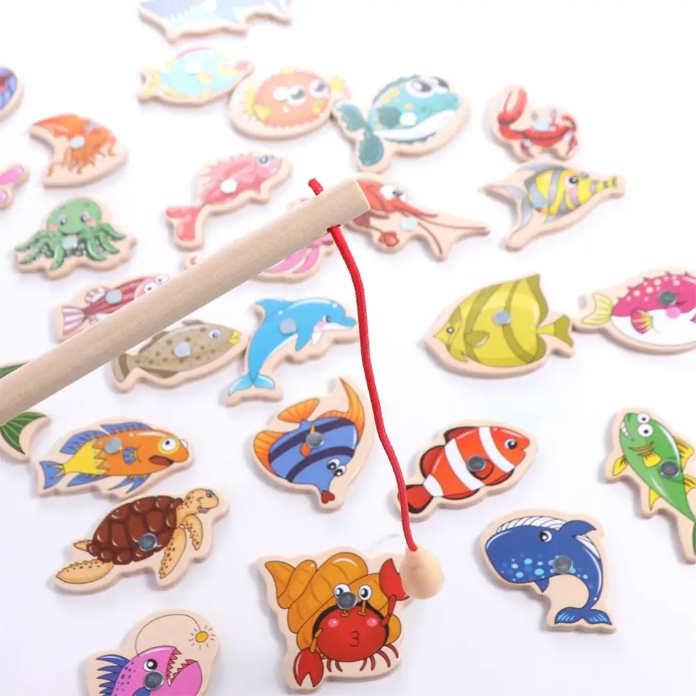 Wooden Marine Life Cognition Magnetic Early Educational Fshing Game Busy Board Fishing Toys Fish Rod Toys Fshing Game Toys