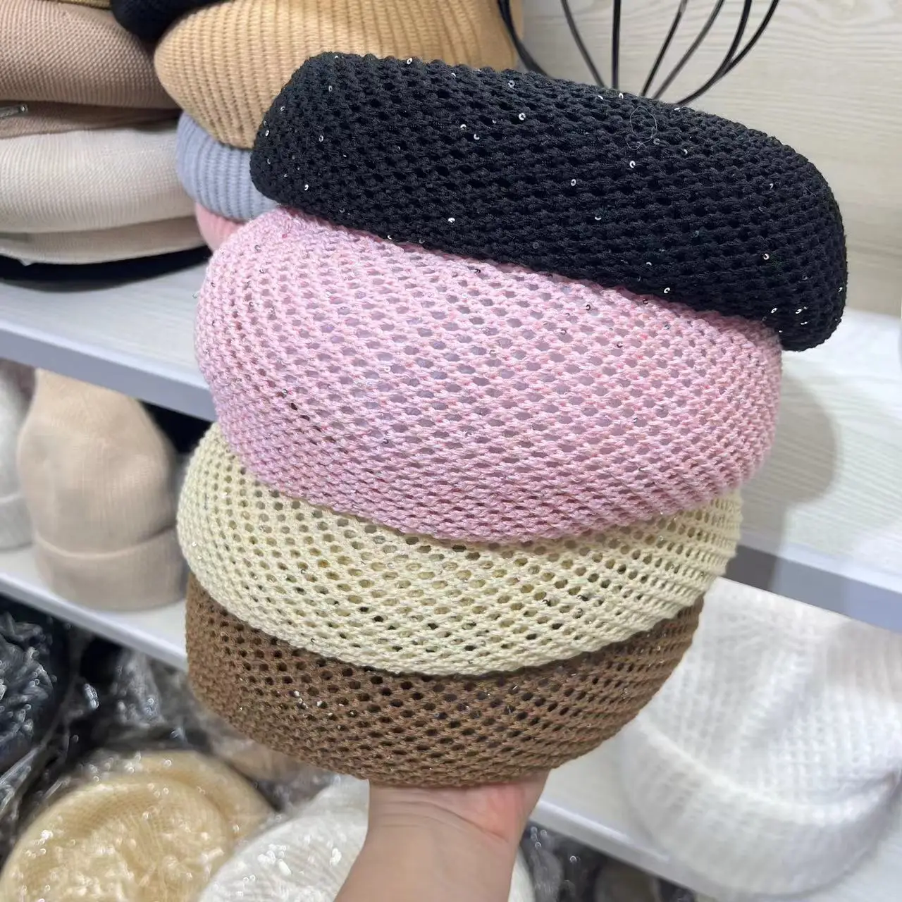 Spring and summer new weaving mesh glittering star Beret female knitted bending hat hollow beret